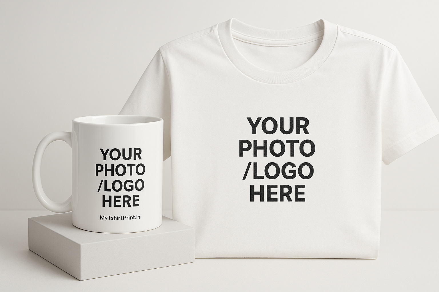 Custom printed mug and custom printed T-shirt mockup set by MyTshirtPrint.in