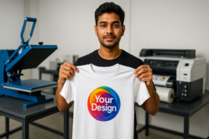 T-shirt printing studio in India showing a custom logo printed on a cotton t-shirt