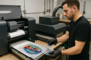 DTF t-shirt printing process showing printer printing design on film in a workshop